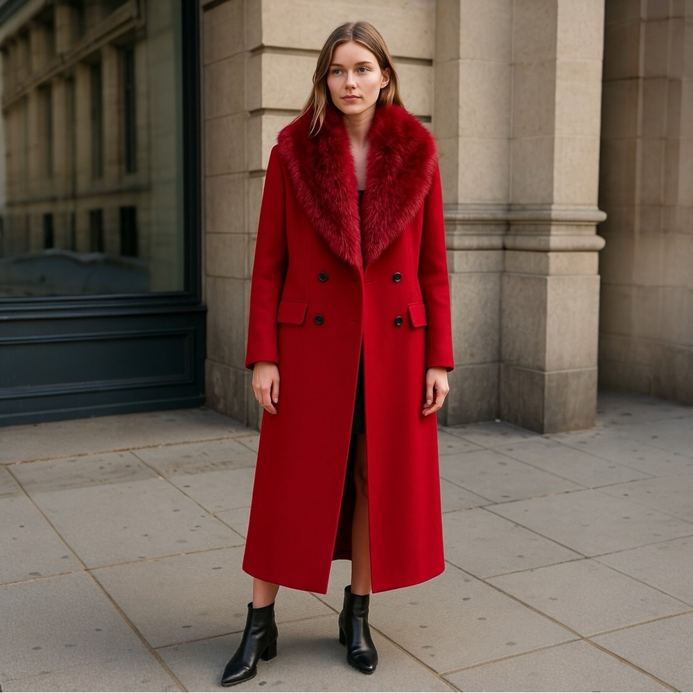 Vintage Elegant Red Wool Double-Breasted Full Length Women's Wimter Coat